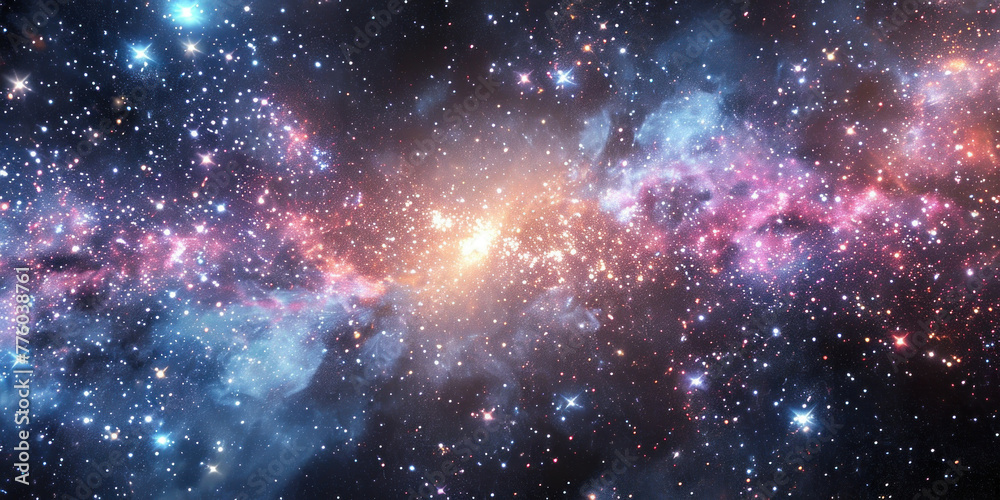 Vibrant Galaxy in Space with Bright Blue and Red Stars and Nebula Background on Black Sky