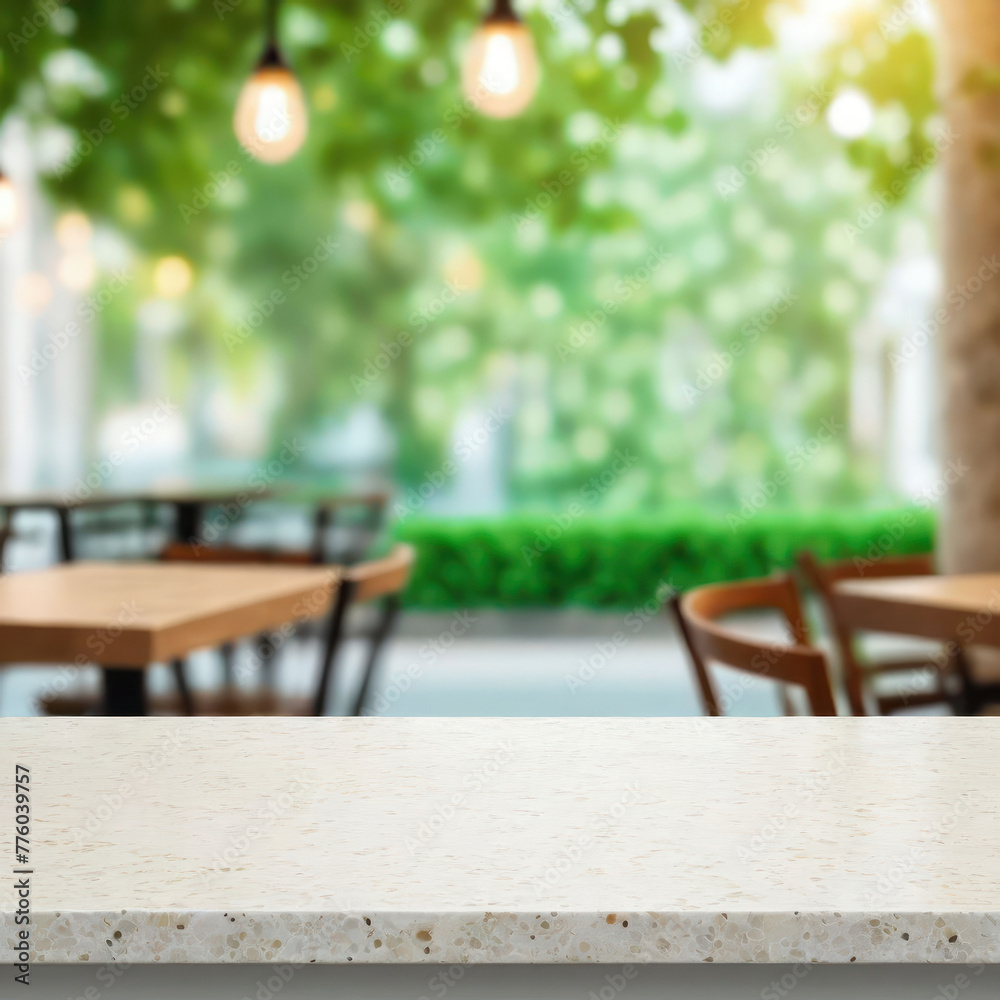Empty stone tabletop on blurred cafe bokeh. Layout for design.