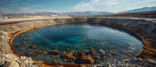 Detailed view of a uranium mine tailings pond with advanced water treatment containment systems. Concept Uranium mining, Tailings pond, Water treatment, Containment systems, Environmental impact