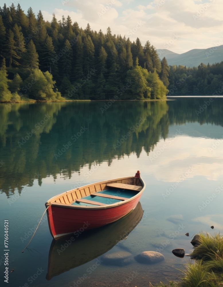 Gentle dawn light bathes a wooden rowboat moored by a calm, clear mountain lake surrounded by dense forest