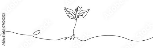 Growing sprout one line art .Vector silhouette of growing plant. Hand drawn leaf. Growing sprout plant continuous line .Plant with roots single line.