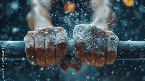 Close-up of Gymnast's Chalked Hands Gripping the Horizontal Bar with Dynamic Splashes