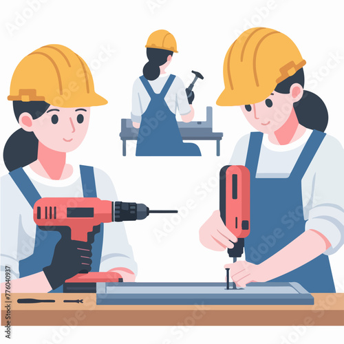 female builder with drill and hammer in flat design style