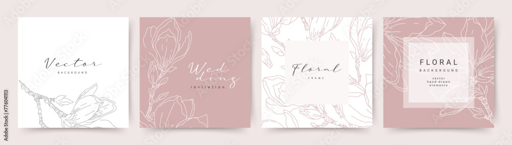 Pink abstract backgrounds with hand drawn floral elements of minimal line art. Vector design templates for card, poster, flyer, magazine, social media post, banner, wedding invitation, cover