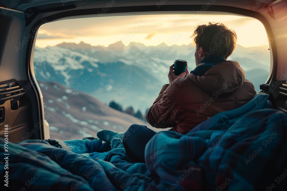 A man sitting in the trunk of his car, holding coffee and looking at mountains through an open window with blue blankets on him, camping gear inside, sunset light