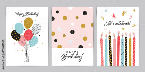 Happy Birthday greeting card and invitation templates with glitter elements. Vector illustration