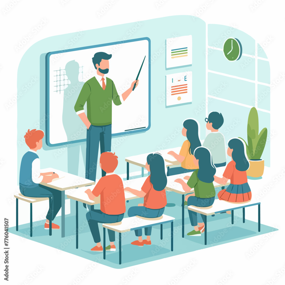 Male teacher teaching in front of the class with students in flat design style