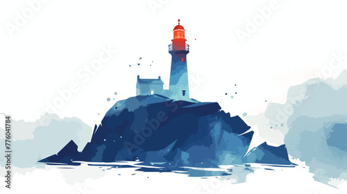 Watercolor print with lighthouse on the white backg