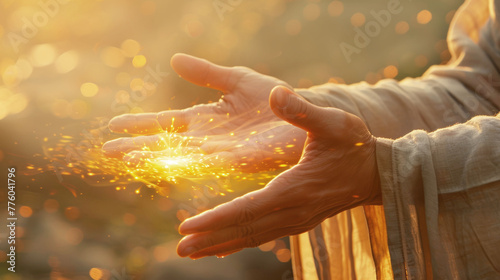 Golden light surrounds hands with a magical essence conveying warmth and healing photo