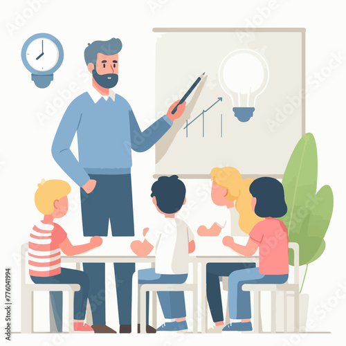 The teacher provides knowledge to students in flat design style