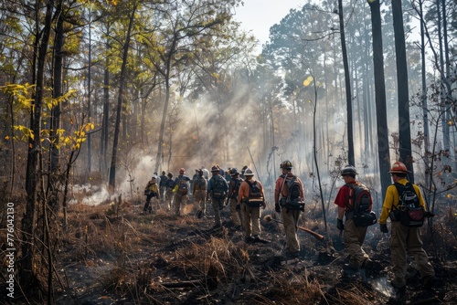 Diverse group of volunteers and professionals walking together in a forest during a controlled burn operation