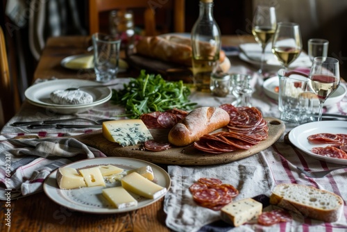 A wooden table is adorned with plates of food, including salami slices, cheese, and bread, creating a rustic farmhouse feast setting