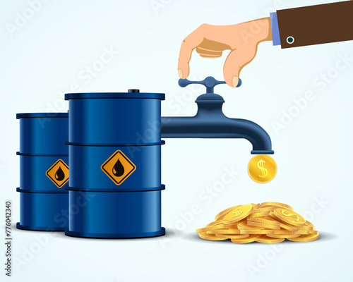 Barrel with crude oil and valve with dripping coins. Stock vector illustration
