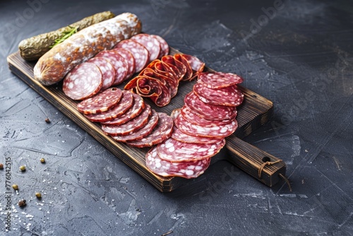 A platter featuring a selection of salami slices and pickles arranged on a dark-stained wooden serving tray