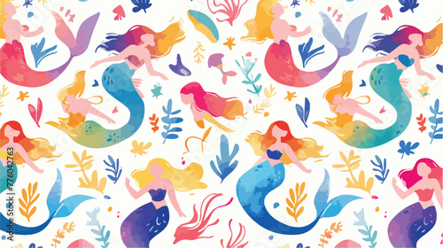 Watercolor seamless pattern with rainbow mermaids u