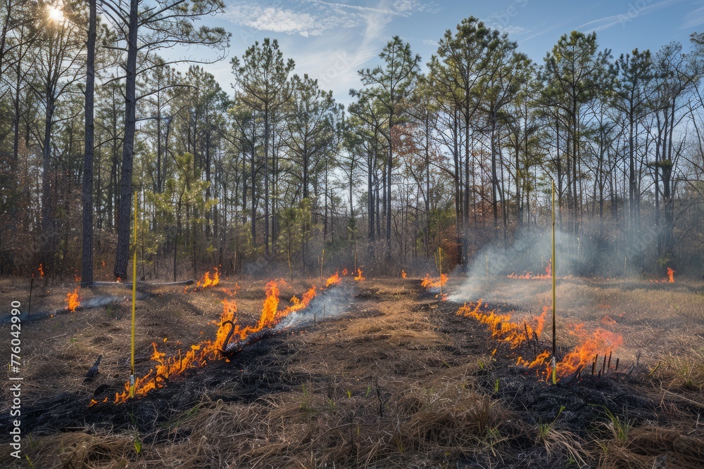 A controlled fire burns in a field surrounded by trees as part of a prescribed burn in a designated forest area