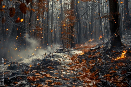 A forest ablaze with fire, trees consumed by flames in a fierce inferno