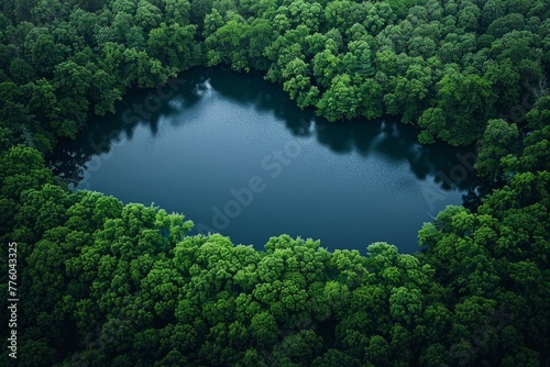 An overhead view of a calm lake surrounded by vibrant green trees in XZZ