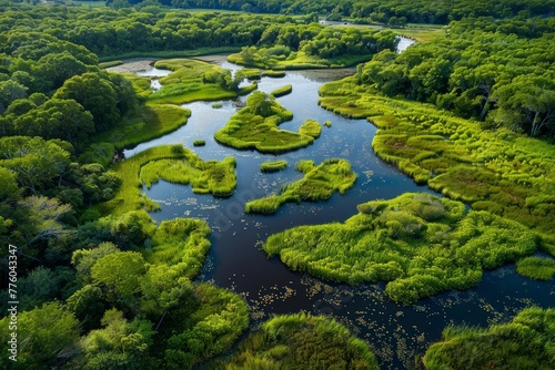 River winding through dense green foliage of surrounding trees in aerial view