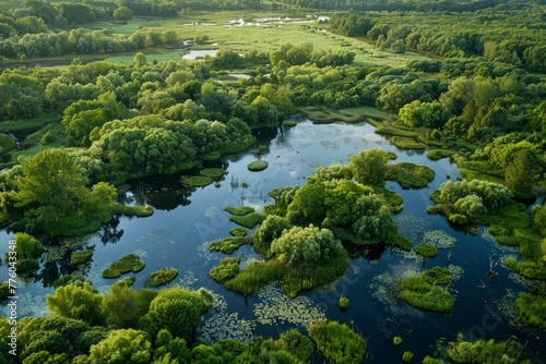 A large body of water is surrounded by lush green trees, showcasing the intricate wetland ecosystem