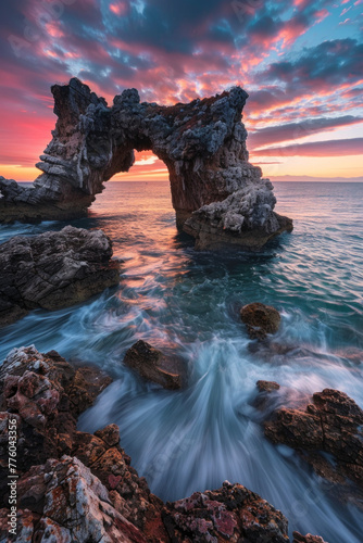A beautiful seascape with a unique rock structure during the sunrise © grey