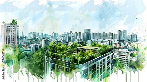 Vibrant Watercolor Depiction of Eco-Friendly Urban Oasis with Green Rooftops and Lush Gardens,Showcasing Sustainable City Vision
