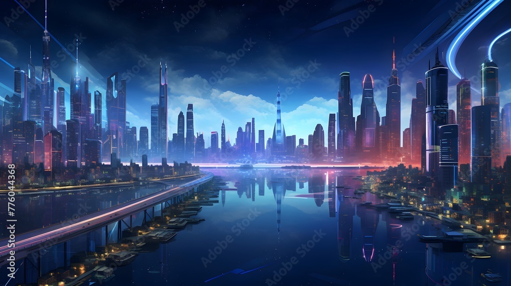 Panoramic view of modern city at night, Dubai, United Arab Emirates