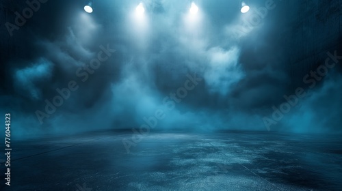 Empty dark scene blue abstract Product stage, concrete, neon light, spotlights, and studio room with smoke float up the interior texture for display products wall background.