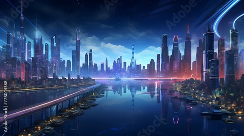 Panoramic view of modern city at night  Dubai  United Arab Emirates
