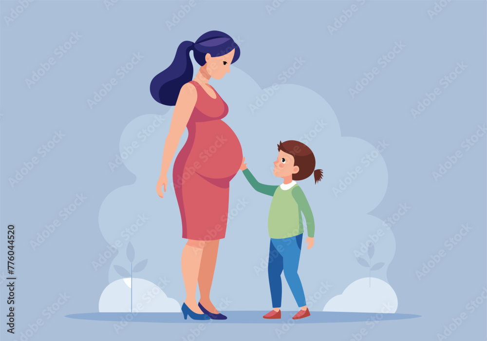 Mother's Day, illustration of a pregnant mother standing with baby for a Mother's Day card or public relations event.