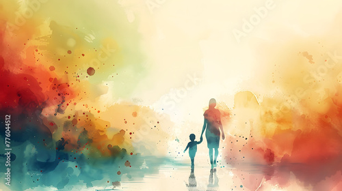 woman and child are walking together, colorful abstract painting. watercolor, mother's day background