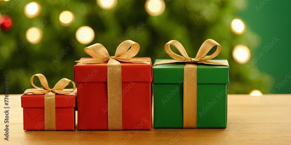 Gift boxes on wooden table with Christmas tree in the background.