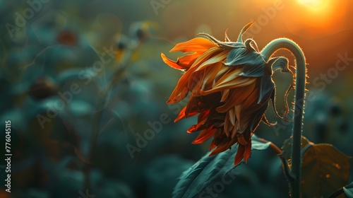 Wilted Sunflower Bud Under Scorching Sunlight,Mirroring the Feeling of Exhaustion and Headache