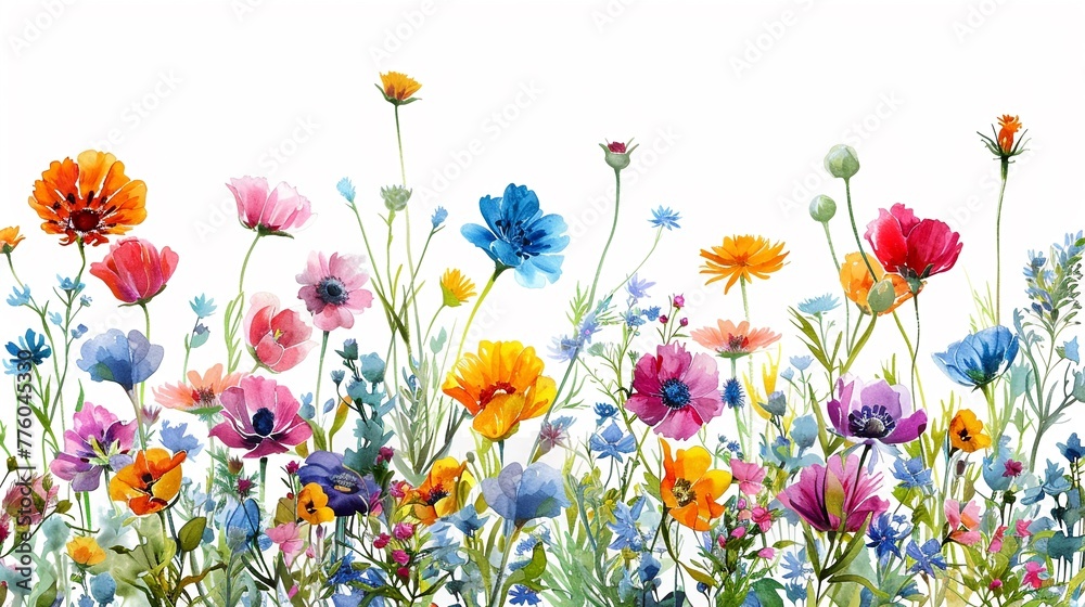 Colorful wildflower design, bright and inviting for nursery decor, on a white canvas  ,high resulution,clean sharp focus