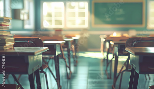 A blurred background of an empty school classroom