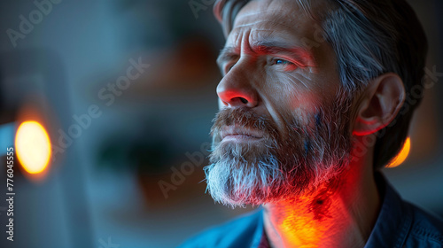 Mature bearded man with contemplative expression in ambient lighting.