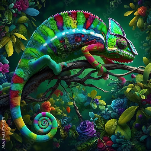  Colourful Chameleon Sitting on tree branch , abstract background ,Close-up , Portrait , Horizontal ,high resolution, nature, ecology, 3d rendering © Zigma Arts