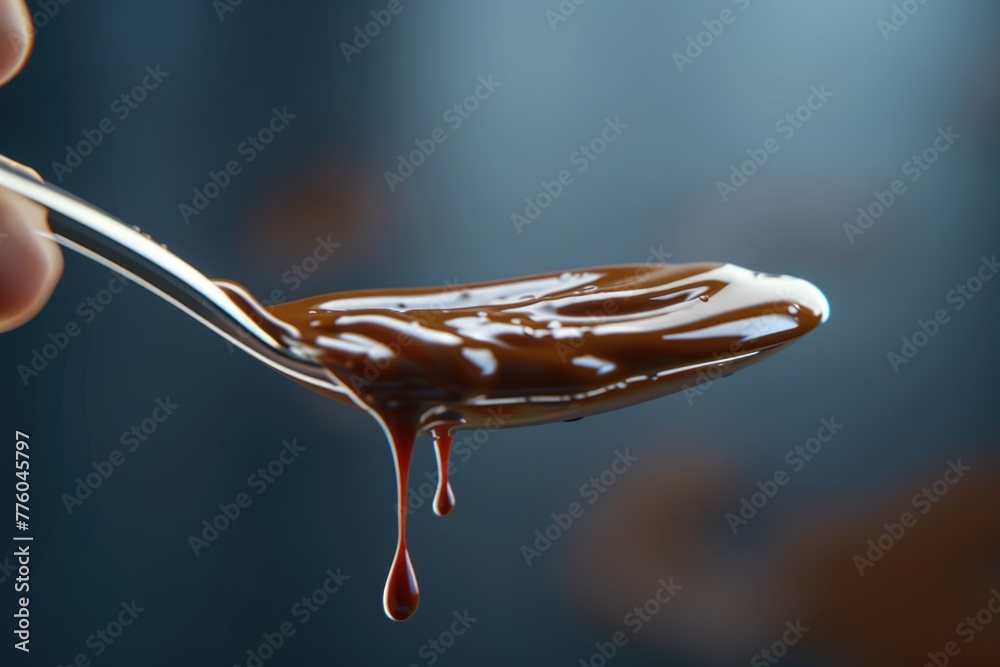 Fototapeta premium A vertical shot of a Dripping melted chocolate from a spoon held by a man.