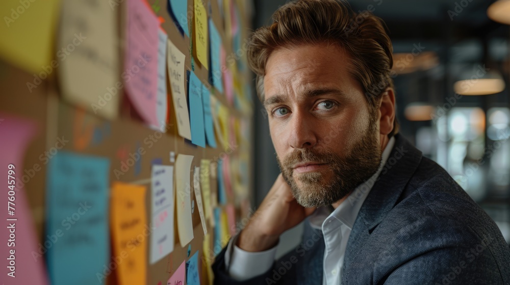 businessman is analyzing with brainstorming board full of sticky note from business colleague team. businessman is analyzing with brainstorming board full of sticky note from business colleague team.