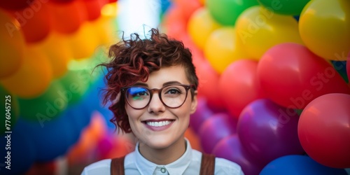 Portrait of beautiful woman with inflatable rainbow balloons. Generative AI.