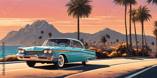 1960s California summer: minimalist car cruising coastal highway