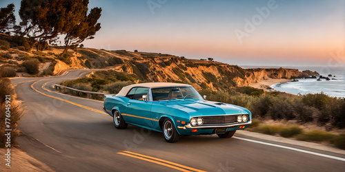 1960s California summer: vintage car cruising coastal highway © karandaev