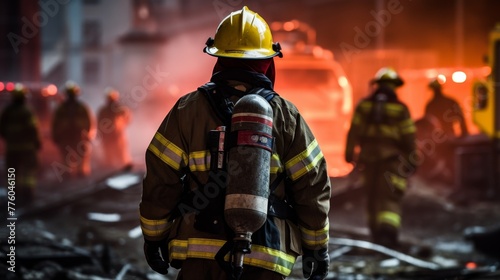 A confident firefighter, equipped for rescue, ensures safety in emergency situations 