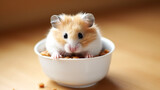 A cute hamster peeks out from a white bowl filled with grains, with its tiny paws grasping the rim, set against a soft-focus wooden background.