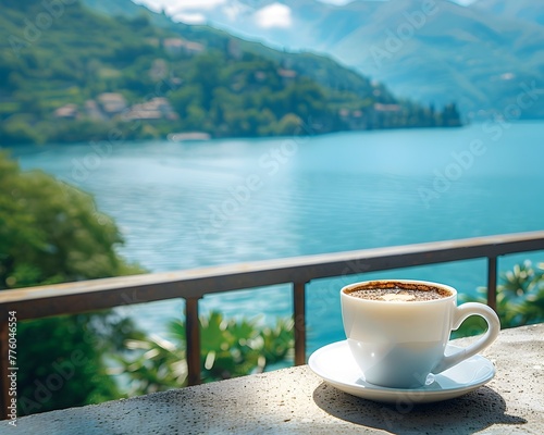 Tranquil Coffee Moment on Scenic Balcony with Breathtaking Lake and Mountain Views