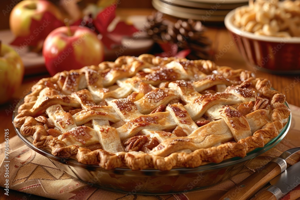 Freshly baked apple pie with a golden lattice crust, surrounded by raw apples and autumn decorations on a wooden table.