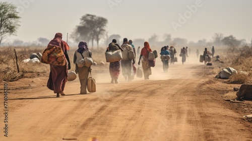 A group of refugees walking along a dusty road carrying their belongings 