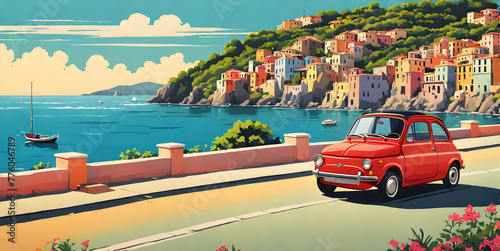 1980s car cruising along Italian coastline: minimalist summer scene