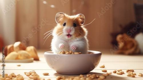 A cute hamster peeks out from a white bowl filled with grains, with its tiny paws grasping the rim, set against a soft-focus wooden background.