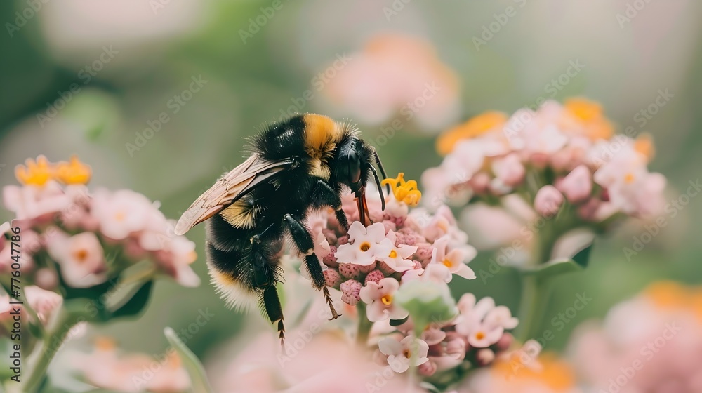 Busy Garden Bee Pollinating Flower in Lush Natural Ecosystem Busy Garden Bee Pollinating Flower in Lush Natural Ecosystem